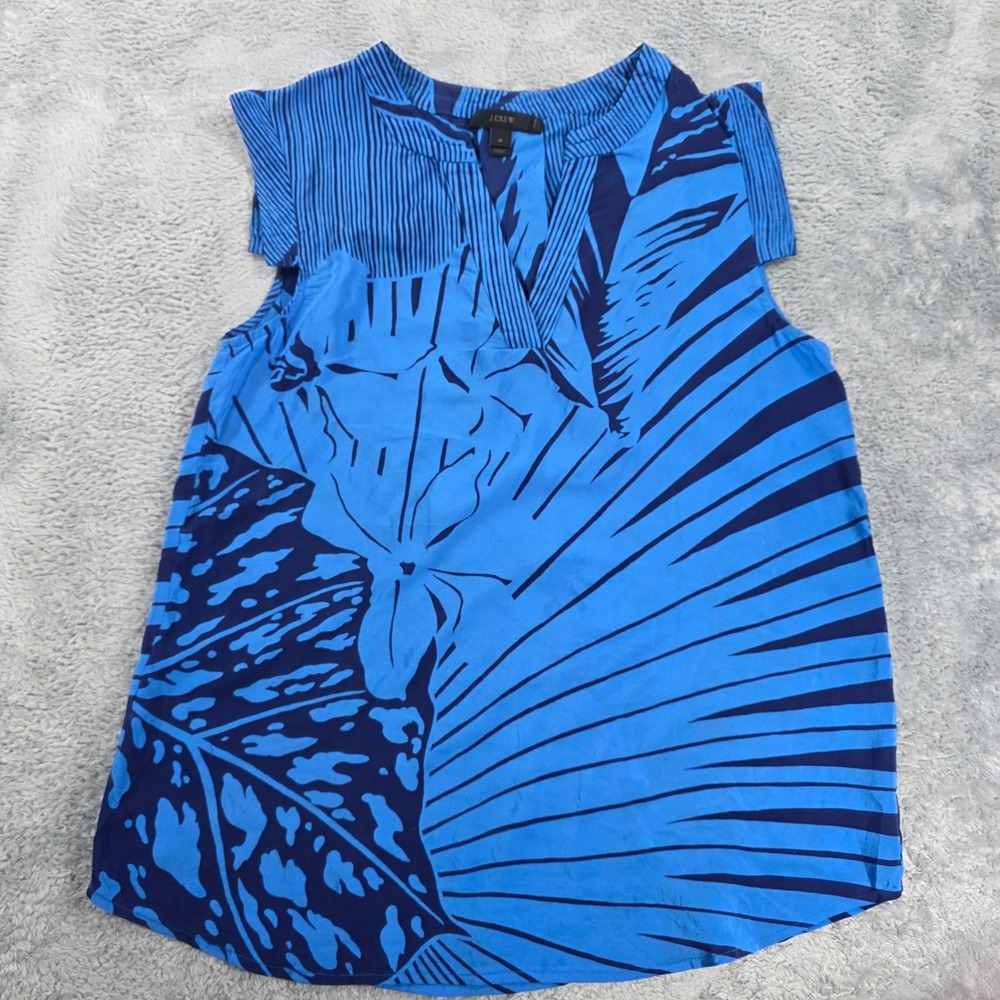 J.Crew Tropical Palm Leaf Silk V-Neck Cap Sleeve Top Blue 4 Womens F2454 Luxury